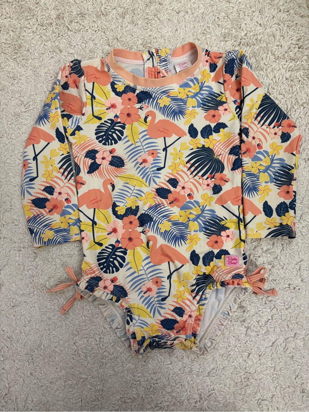 Ruffle Butts 3T, SPF 50, Long Sleeve Flamingo Rash Guard Swimsuit - Coral/Pink